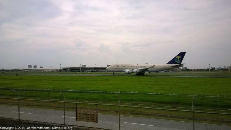 A Saudi Arabian Airlines (Saudia) Boeing 747 aircraft arriving.